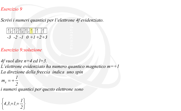 4f vuol dire n=4 ed l=3.L’elettrone evidenziato ha numero quantico magnetico m=+1 La direzione della freccia  indica  uno spin i numeri quantici per questo elettrone sono