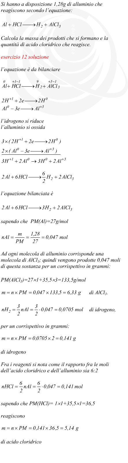 massa di cloruro di alluminio e idrogeno prodotti in reazione chimica