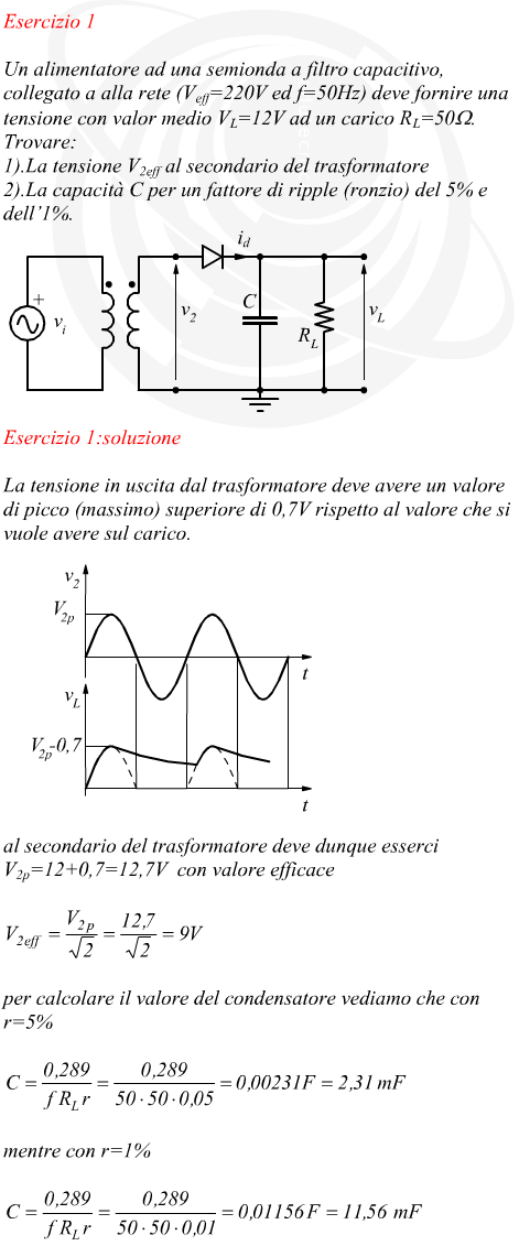 Dimensionamento del filtro capacitivo di un alimentatore ad una semionda