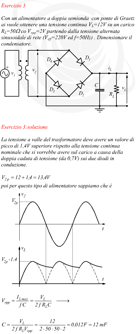 dimensionamento condensatore per un alimentatore a doppia semionda con ponte di Graetz