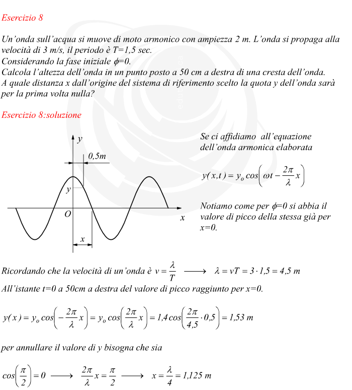 Se ci affidiamo  all’equazione dell’onda armonica elaborata Notiamo come per ?=0 si abbia il valore di picco della stessa già per x=0.Ricordando che la velocità di un’onda è  All’istante t=0 a 50cm a destra del valore di picco raggiunto per x=0. per annullare il valore di y bisogna che sia 