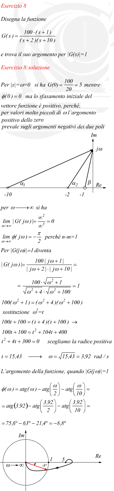 Per |s|=w=0 si ha mentre ma lo sfasamento iniziale del vettore funzione è positivo, perché, per valori molto piccoli di ? l’argomento positivo dello zero prevale sugli argomenti negativi dei due poli per si ha perché n-m=1 Per |G(jw)| diventa sostituzione  w2=t scegliamo la radice positiva L’argomento della funzione, quando |G(jw)|=1