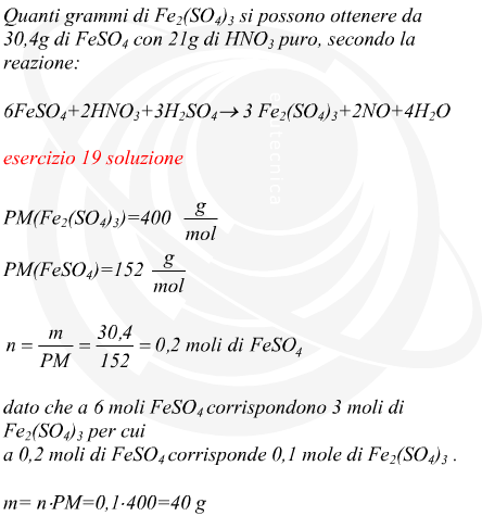 grammi di Fe2(SO4)3 che si possono ottenere da 30,4g di FeSO4 con 21g di HNO3