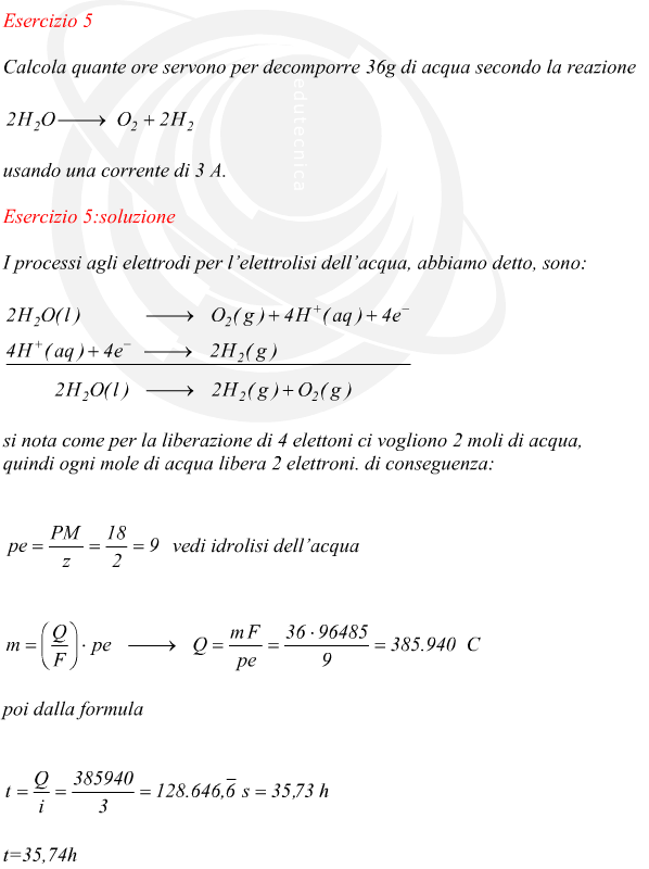 I processi agli elettrodi per l’elettrolisi dell’acqua, abbiamo detto, sono: si nota come per la liberazione di 4 elettoni ci vogliono 2 moli di acqua, quindi ogni mole di acqua libera 2 elettroni. di conseguenza: vedi idrolisi dell’acqua poi dalla formula