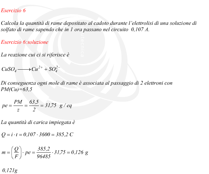 La reazione cui ci si riferisce è Di conseguenza ogni mole di rame è associata al passaggio di 2 elettroni con PM(CU)=63,5 La quantità di carica impiegata è