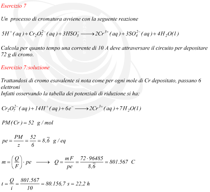 Trattandosi di cromo esavalente si nota come per ogni mole di Cr depositato, passano 6 elettroni Infatti osservando la tabella dei potenziali di riduzione si ha: