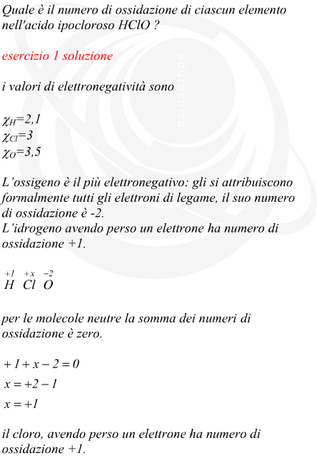 Numero di ossidazione degli elementi dell'acido ipocloroso