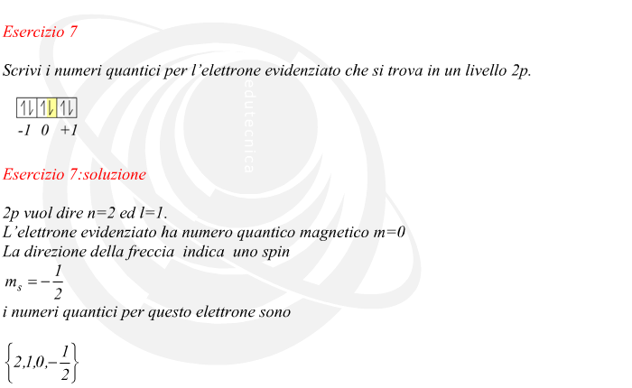 2p vuol dire n=2 ed l=1. L’elettrone evidenziato ha numero quantico magnetico m=0 La direzione della freccia  indica  uno spin i numeri quantici per questo elettrone sono