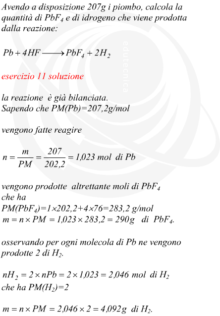 massa di tetrafluoruro di piombo e idrogeno prodotti in una reazione