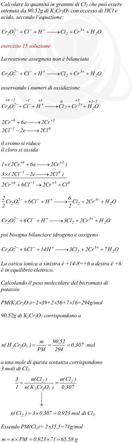 massa di cloro prodotto con bicromato di potassio che reagisce con acido cloridrico