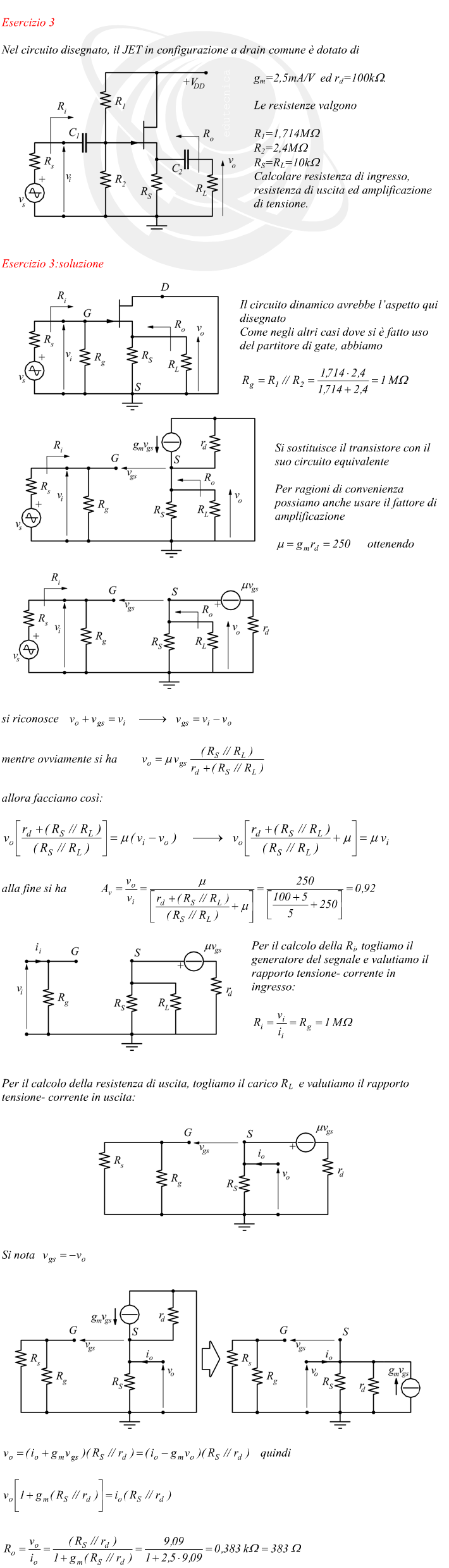 amplificatore JFET drain comune - resistenze di ingresso e di uscita