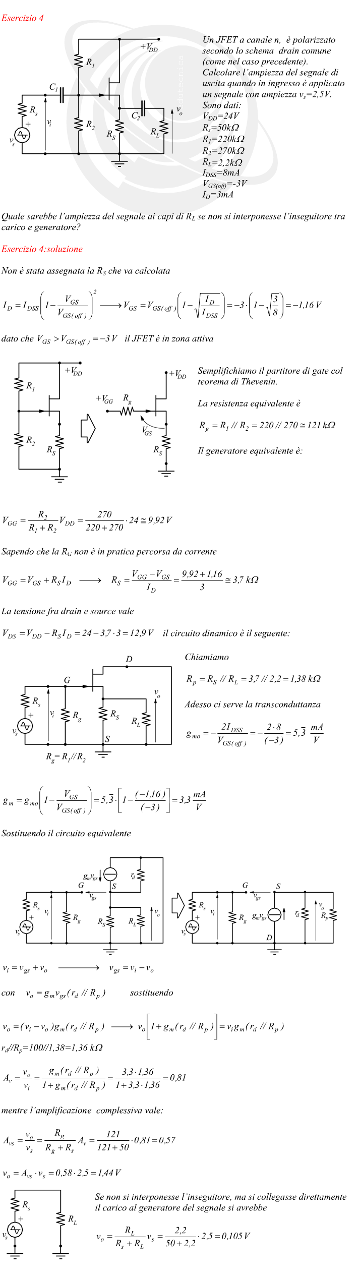 amplificatore JFET calcolo del segnale di uscita