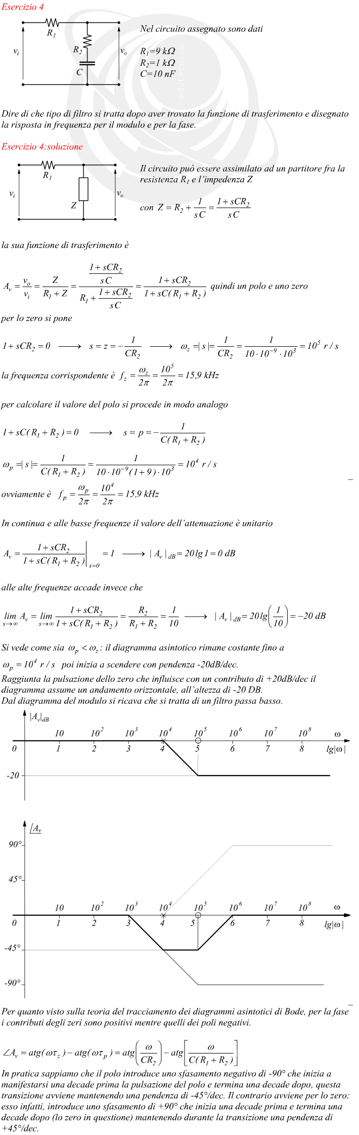 Risposta in frequenza in  modulo e fase di un filtro elettronico