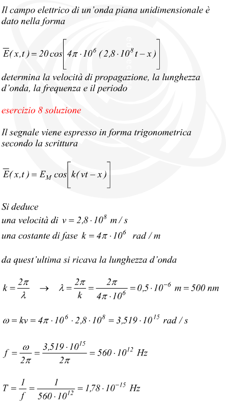 Il segnale viene espresso in forma trigonometrica secondo la scrittura Si deduce una velocità di  una costante di fase da quest’ultima si ricava la lunghezza d’onda