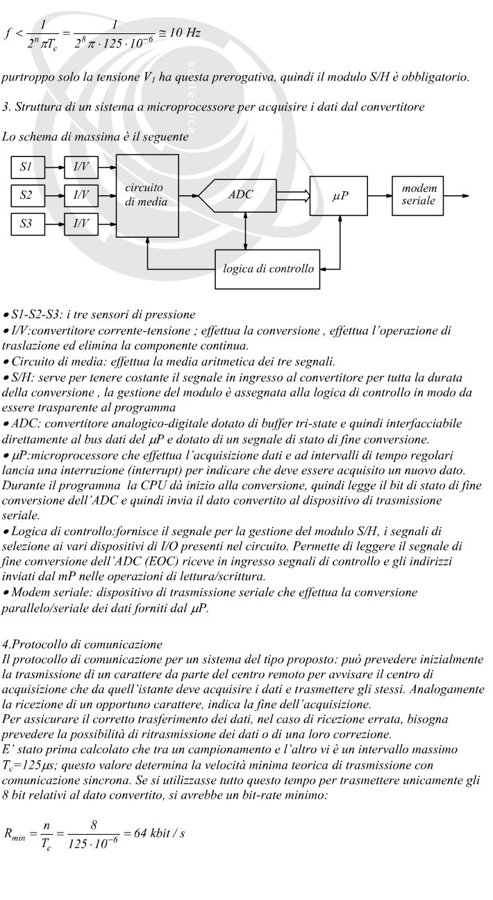 S1-S2-S3: i tre sensori di pressione I/V:convertitore corrente-tensione ; effettua la conversione , effettua l’operazione di traslazione ed elimina la componente continua. Circuito di media: effettua la media aritmetica dei tre segnali. S/H: serve per tenere costante il segnale in ingresso al convertitore per tutta la durata della conversione , la gestione del modulo è assegnata alla logica di controllo in modo da essere trasparente al programma ADC: convertitore analogico-digitale dotato di buffer tri-state e quindi interfacciabile direttamente al bus dati del ?P e dotato di un segnale di stato di fine conversione.