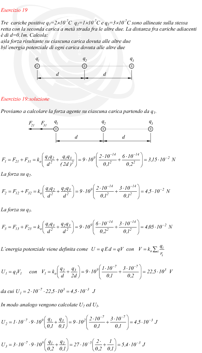 forze risultanti tra tre cariche positive ed energia potenziale