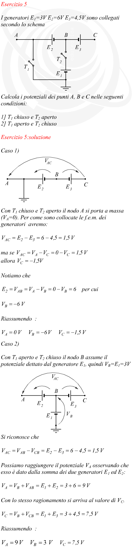 collegamento generatori ed interruttori elettrici calcolo del poteziale elettrico in vari punti del circuito