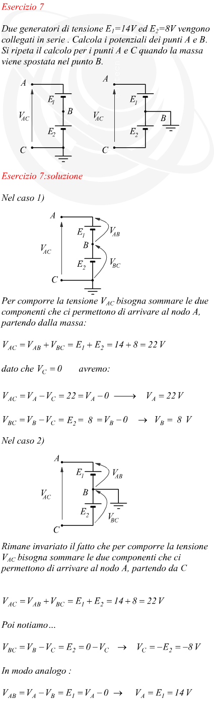 Tensione ai capi di due generatori elettrici in serie con successivo collegamento a massa