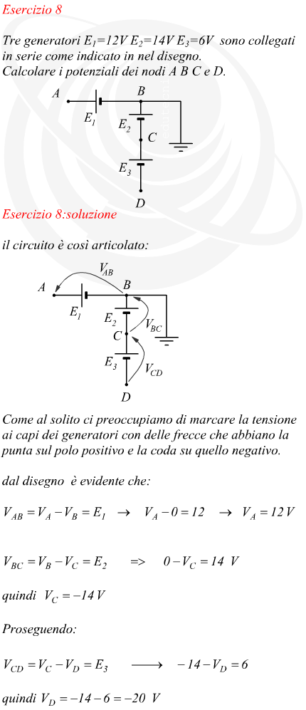 Generatori elettrici in serie valori della tensione in diversi punti del circuito