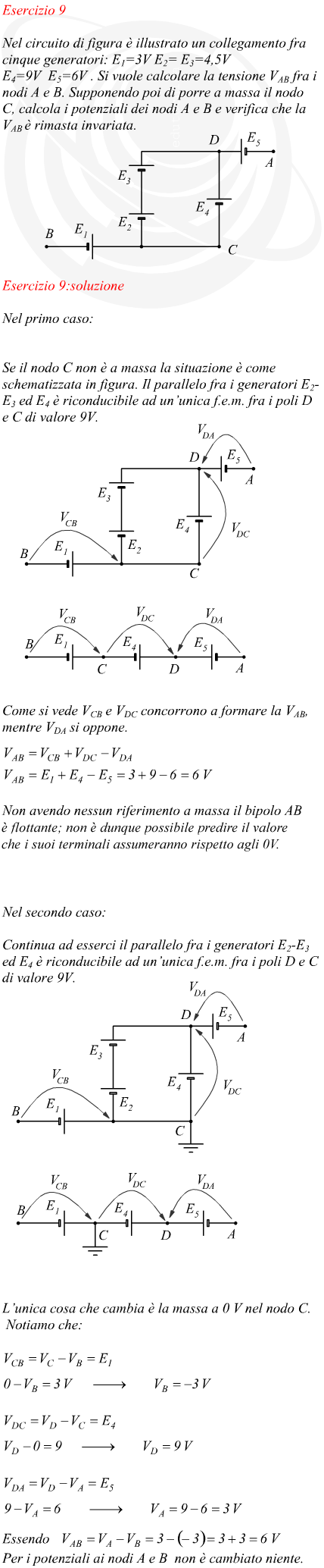 Tensione elettrica ai nodi di un circuito con vari generatori di tensione