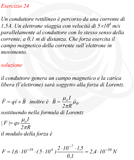 forza esercitata da un conduttore rettilineo infinitamente su un elettrone in moto parallelo rispetto al conduttore