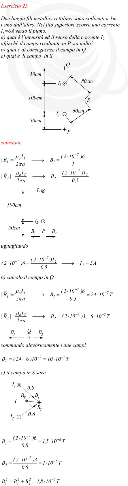 campo magnetico in diversi punti attorno ad una coppia di conduttori paralleli