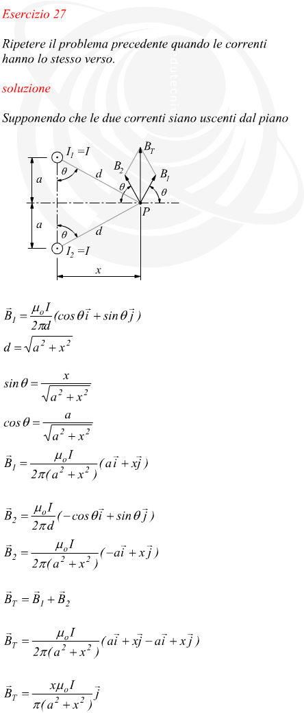 campo magnetico lungo un asse di due conduttori rettilinei paralleli con correnti equiverse