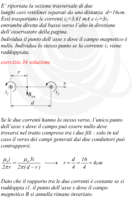 Punto di campo magnetico nullo attorno a due conduttori rettilinei