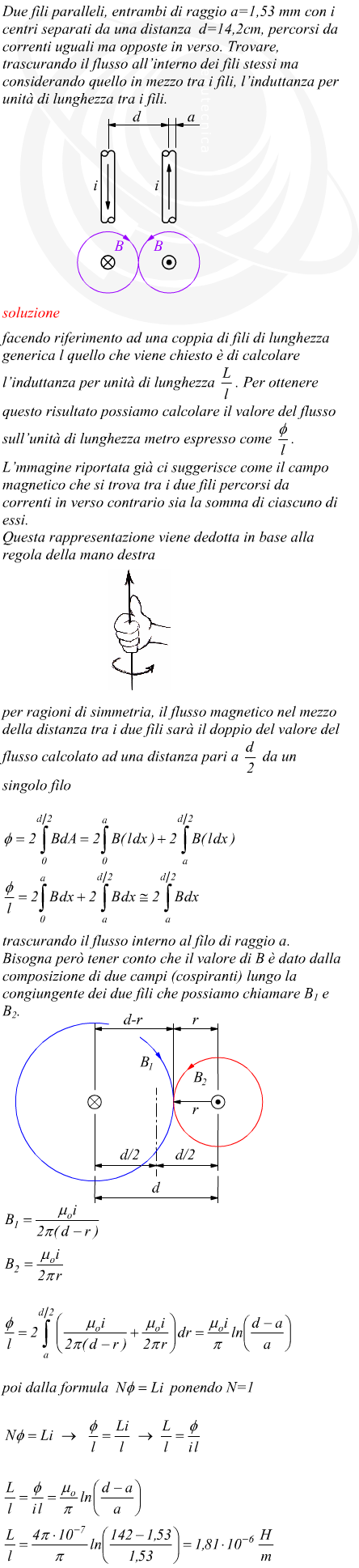 Induttanza per metro calcolata tra due fili percorsi da correnti antiparallele