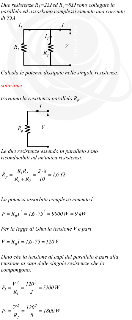 Calcolo della potenza elettrica assorbita da un parallelo di due resistenze