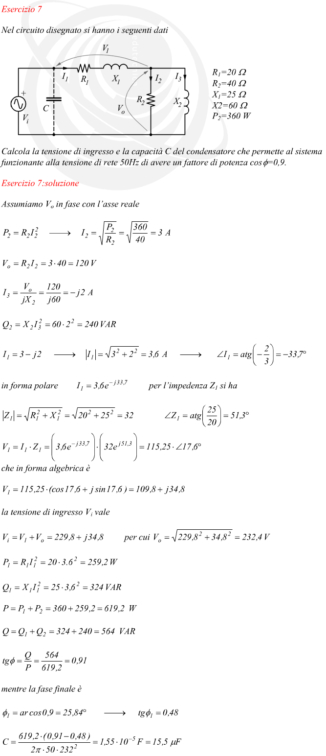 calcolo della tensione di ingresso e capacit del condensatore di rifasamento