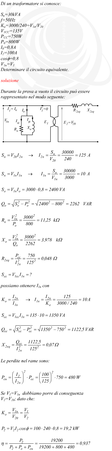 parametri equivalenti ingresso uscita trasformatore