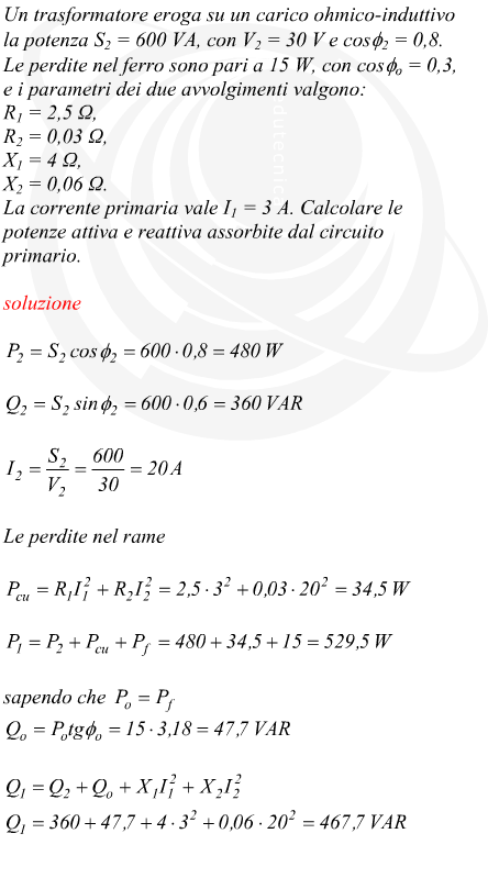 trasformatore reale potenza attiva e reattiva al circuito primario