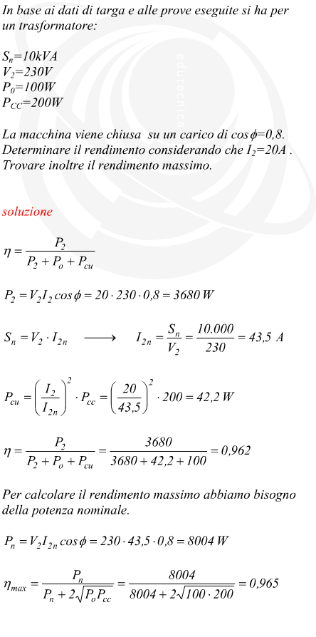 esercizio rendimento trasformatore