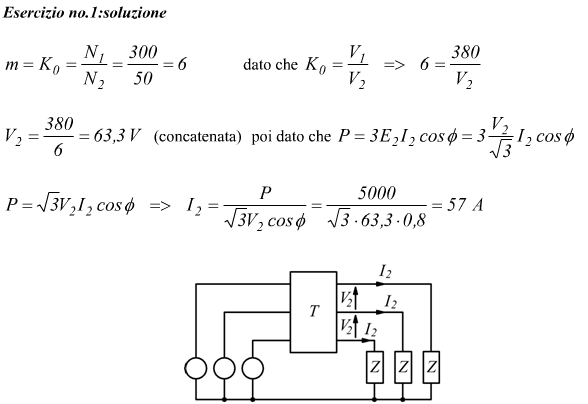 calcolo della tensione e della corrente nel secondario di un trasformatore trifase