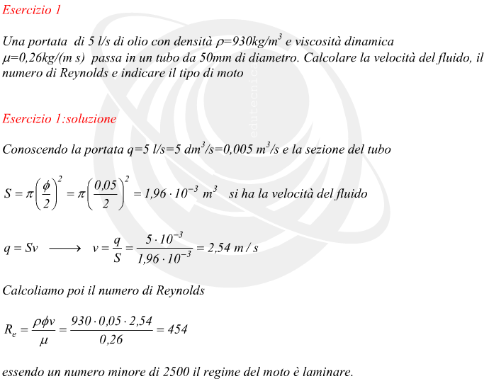 calcolo della velocit di un fluido e del numero di Reynolds