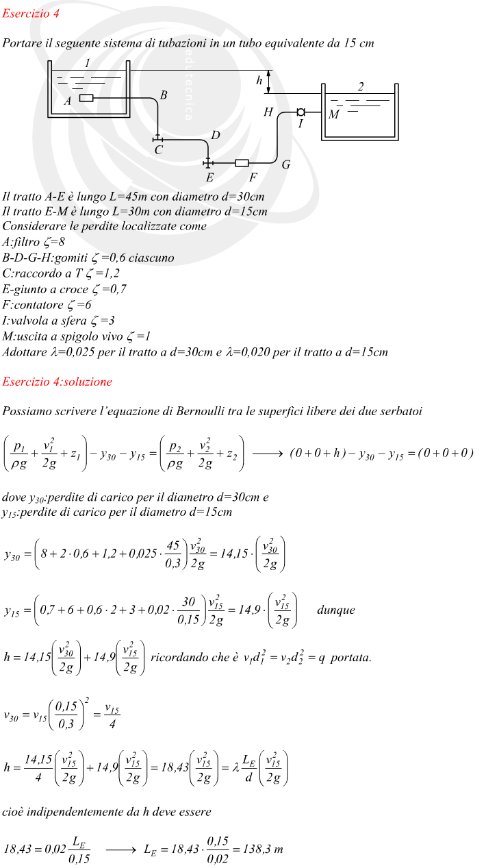 Sistema di tubazioni ridotto ad un unica tubazione equivalente
