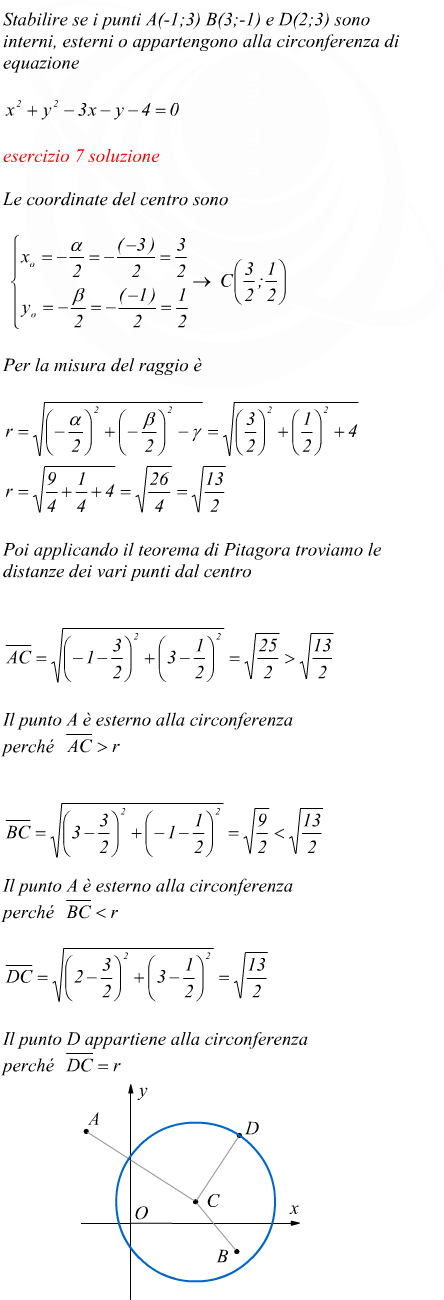 Stabilire se un punto  esterno interno o appartiene alla circonferenza