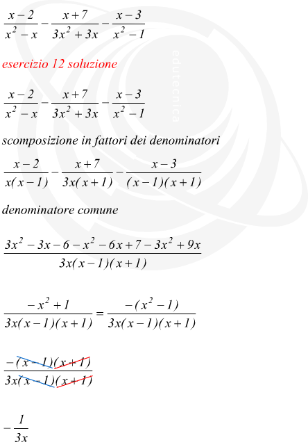 somma e differenza di frazioni algebriche