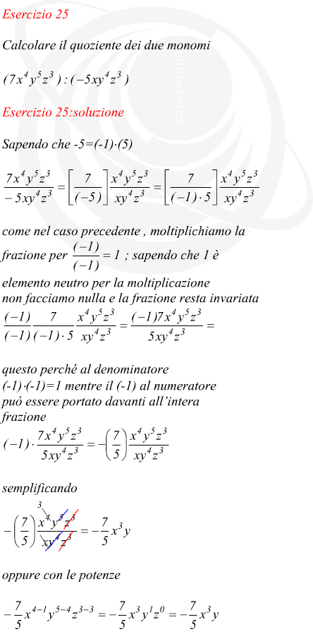 calcolare il quoziente di monomi