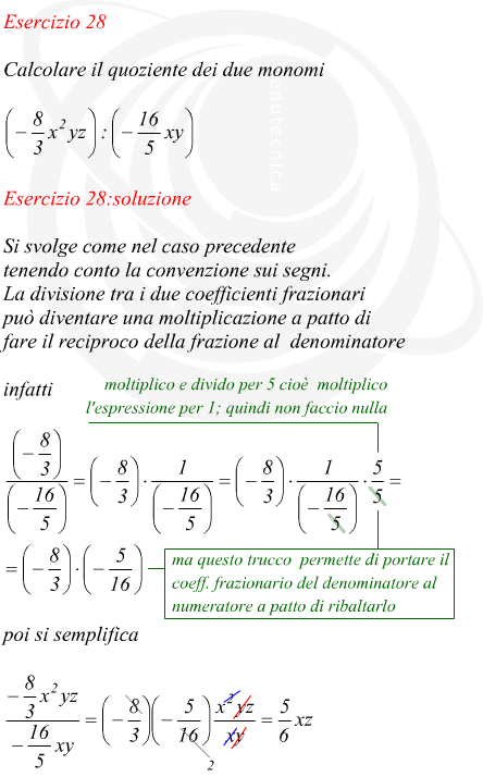 quoziente di monomi a coefficienti frazionari