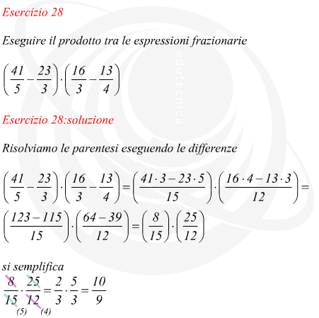 Eseguire il prodotto tra le espressioni frazionarie