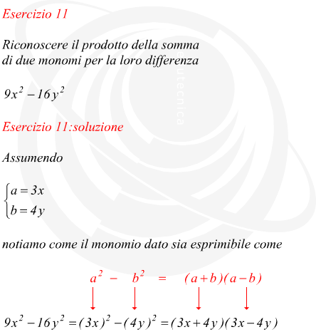 Riconoscere il prodotto della somma di due monomi per la loro differenza