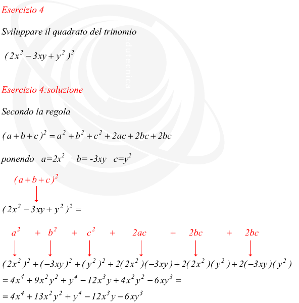Sviluppo del quadrato di un trinomio