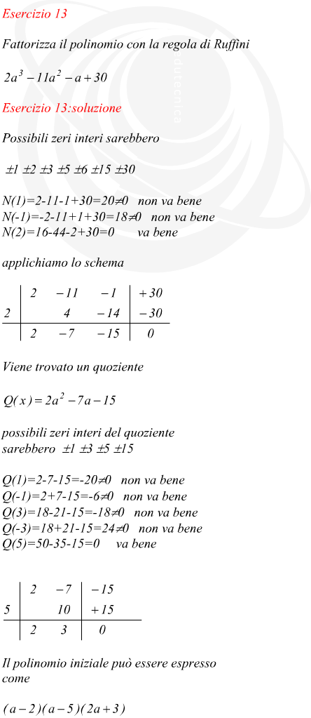 Fattorizza il polinomio con la regola di Ruffini
