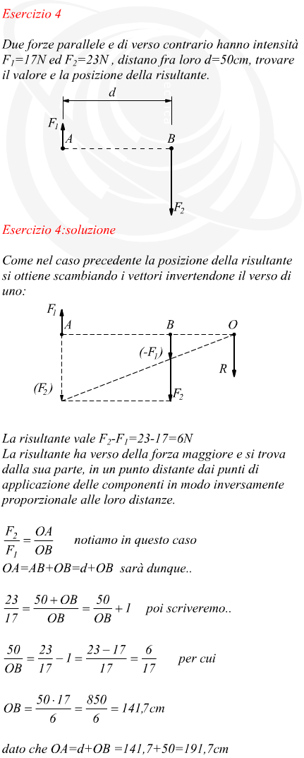 Posizione e valore della risultante di due forze parallele e di verso contrario