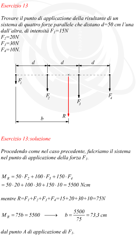 Posizione della risultante di quattro forze parallele con teorema dei momenti