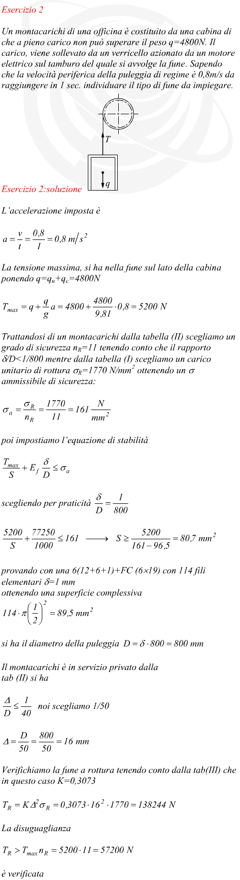 Dimensionamento di una fune per montacarichi