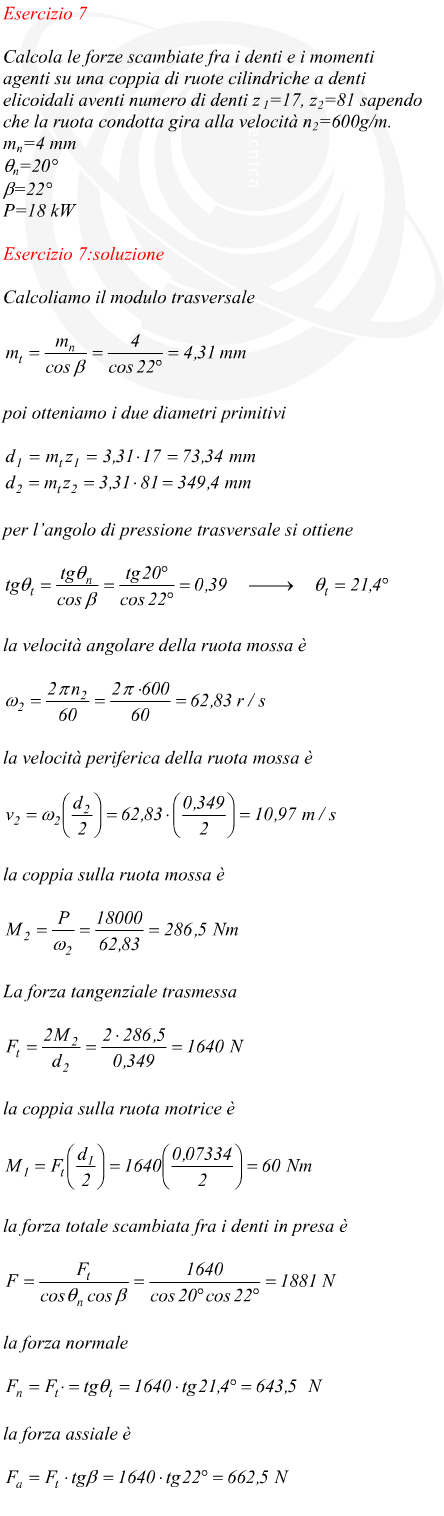 forze scambiate in una coppia di ruote dentate a denti elicoidali