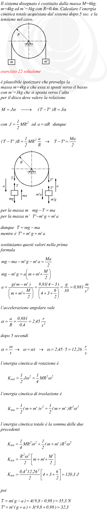 energia cinetica totale di un sistema di due masse e una carrucola